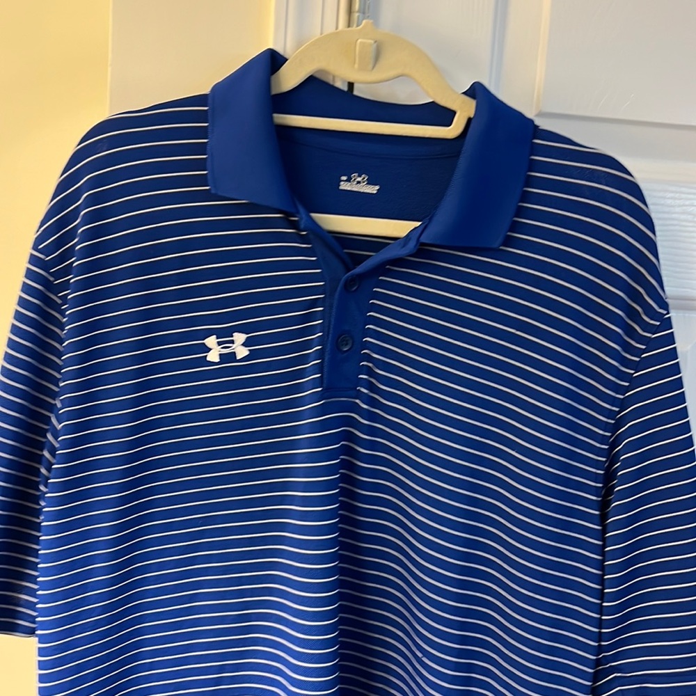 Under armor golf shirt. Blue with white stripes. Size large